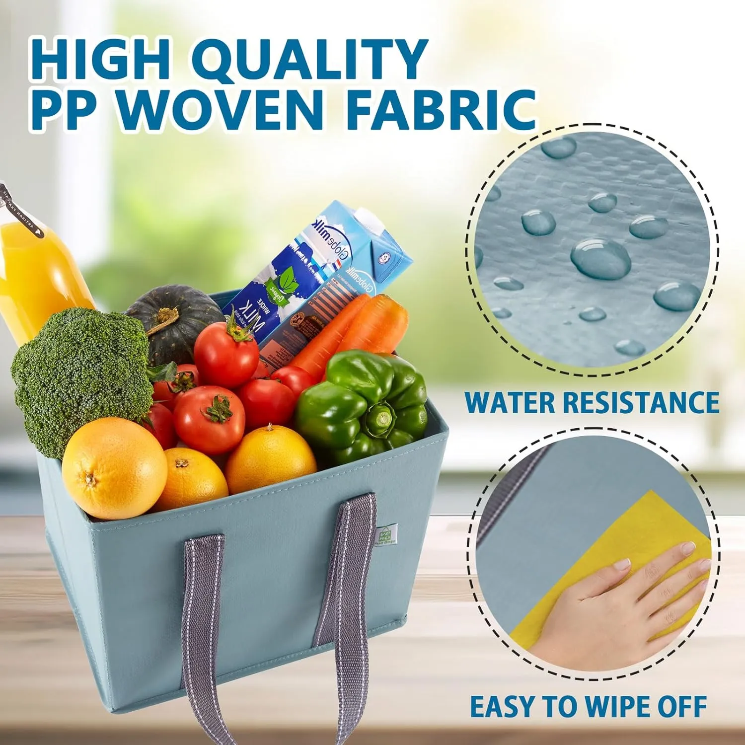 VENO 3 Pack Reusable Grocery Bags, Shopping Bags for groceries, Utility Tote with Handles and Hard Bottom, Foldable Shopping Cart Organizer, Water Resistant, Heavy-Duty (Light Blue, 6 Gallon)