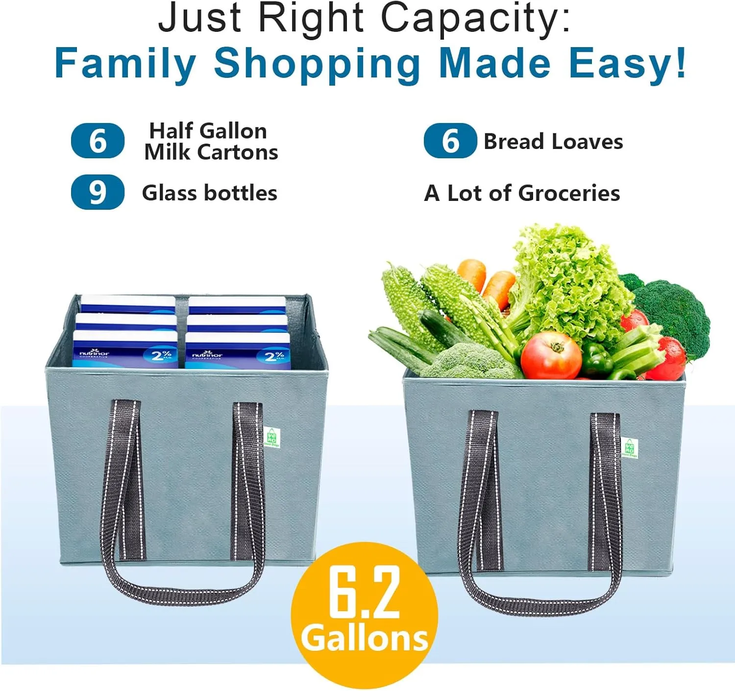 VENO 3 Pack Reusable Grocery Bags, Shopping Bags for groceries, Utility Tote with Handles and Hard Bottom, Foldable Shopping Cart Organizer, Water Resistant, Heavy-Duty (Light Blue, 6 Gallon)