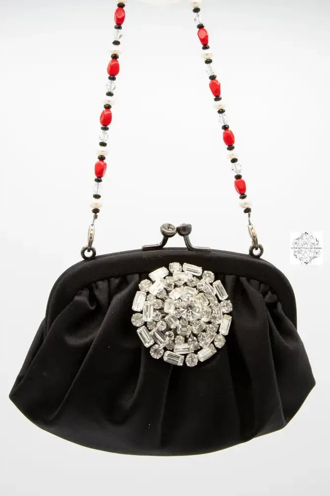 Vintage Pin Handbag, Black Silk Clutch with Red Beaded Strap, Swarovski Crystal Handle and Rhinestone Pin, Special Occasion Purse