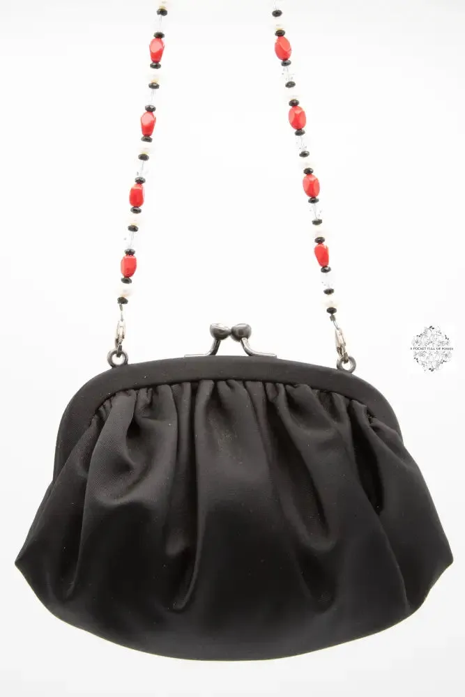 Vintage Pin Handbag, Black Silk Clutch with Red Beaded Strap, Swarovski Crystal Handle and Rhinestone Pin, Special Occasion Purse