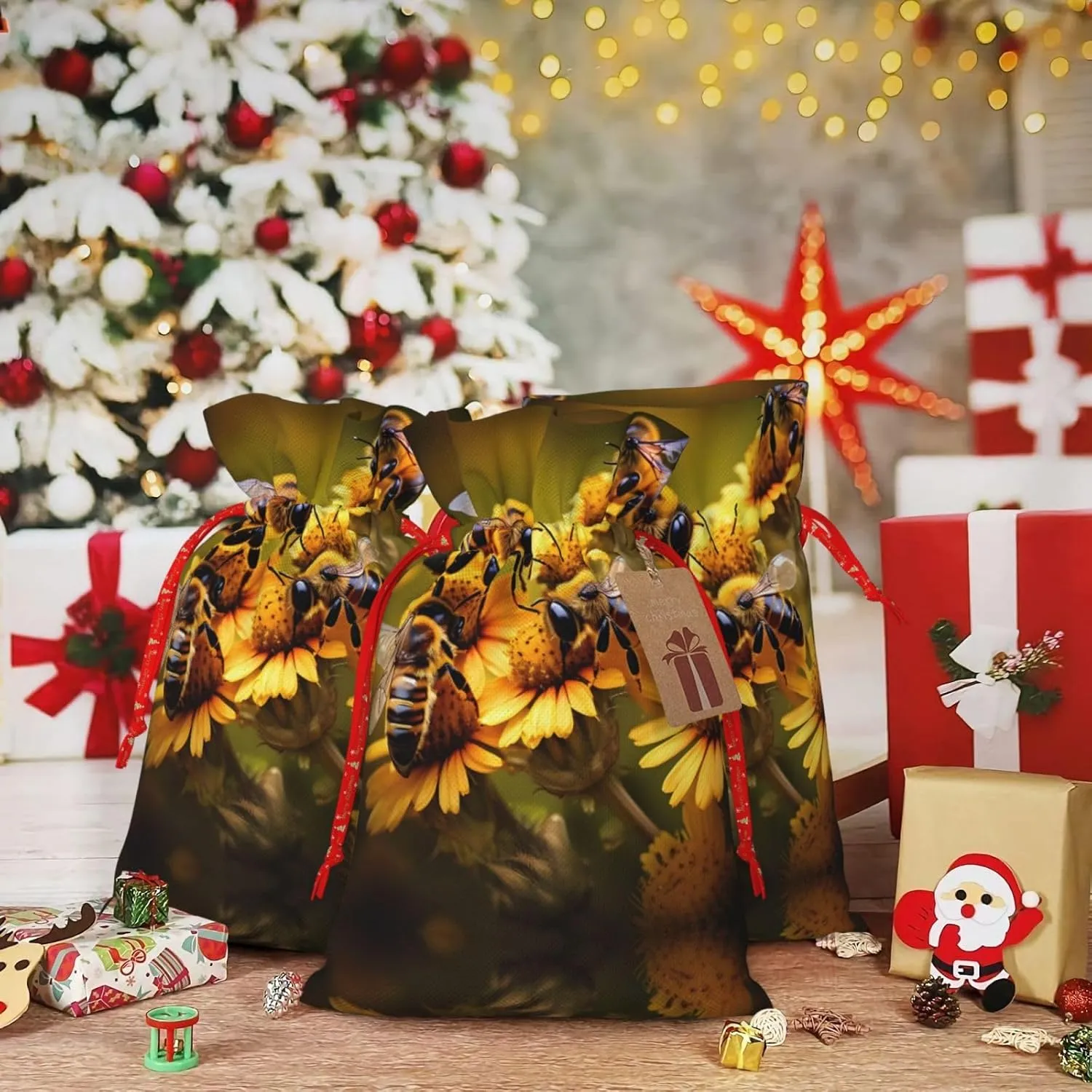 Vuoongt Rural Honey Bees Flowers Print Christmas Gift Bags Reusable Halloween Candy Bags With Tags Drawstring Closure