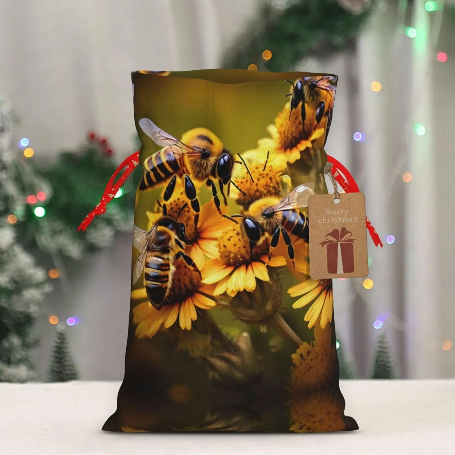 Vuoongt Rural Honey Bees Flowers Print Christmas Gift Bags Reusable Halloween Candy Bags With Tags Drawstring Closure