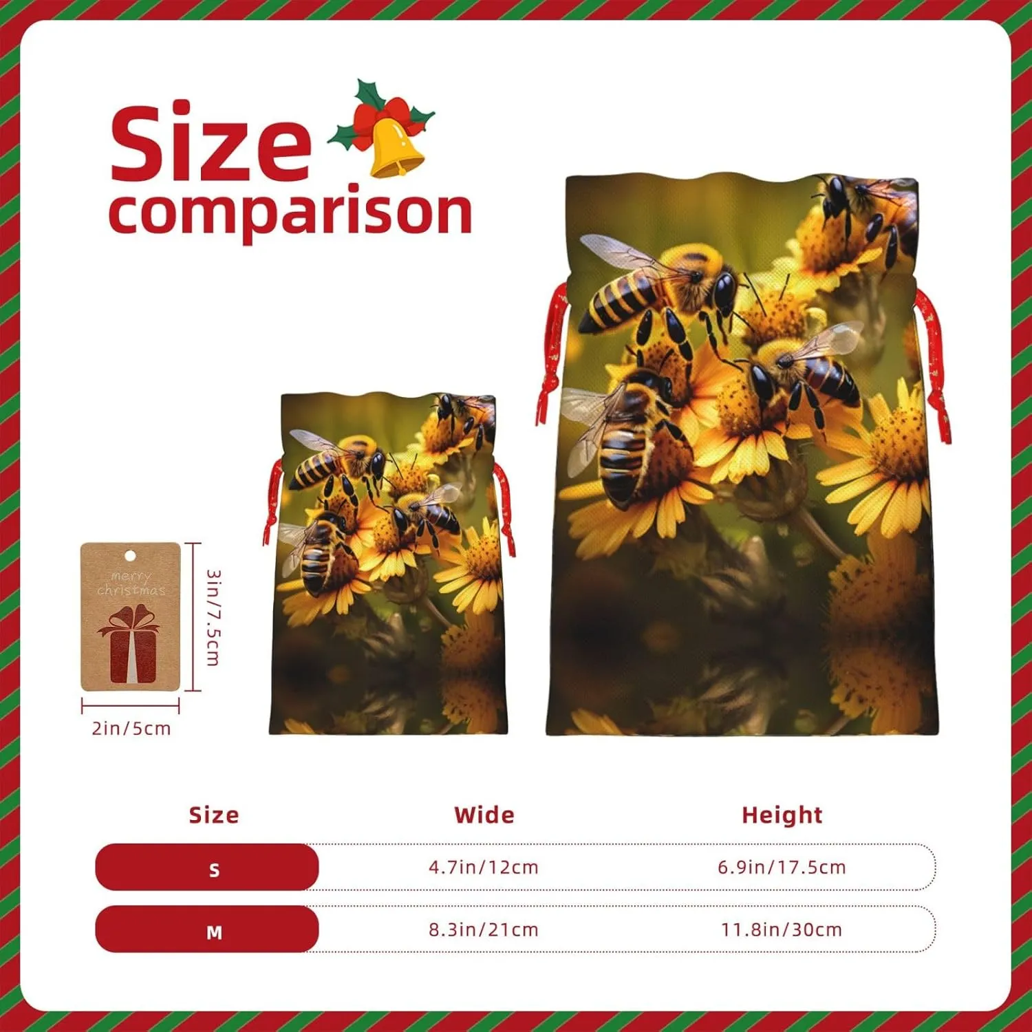 Vuoongt Rural Honey Bees Flowers Print Christmas Gift Bags Reusable Halloween Candy Bags With Tags Drawstring Closure