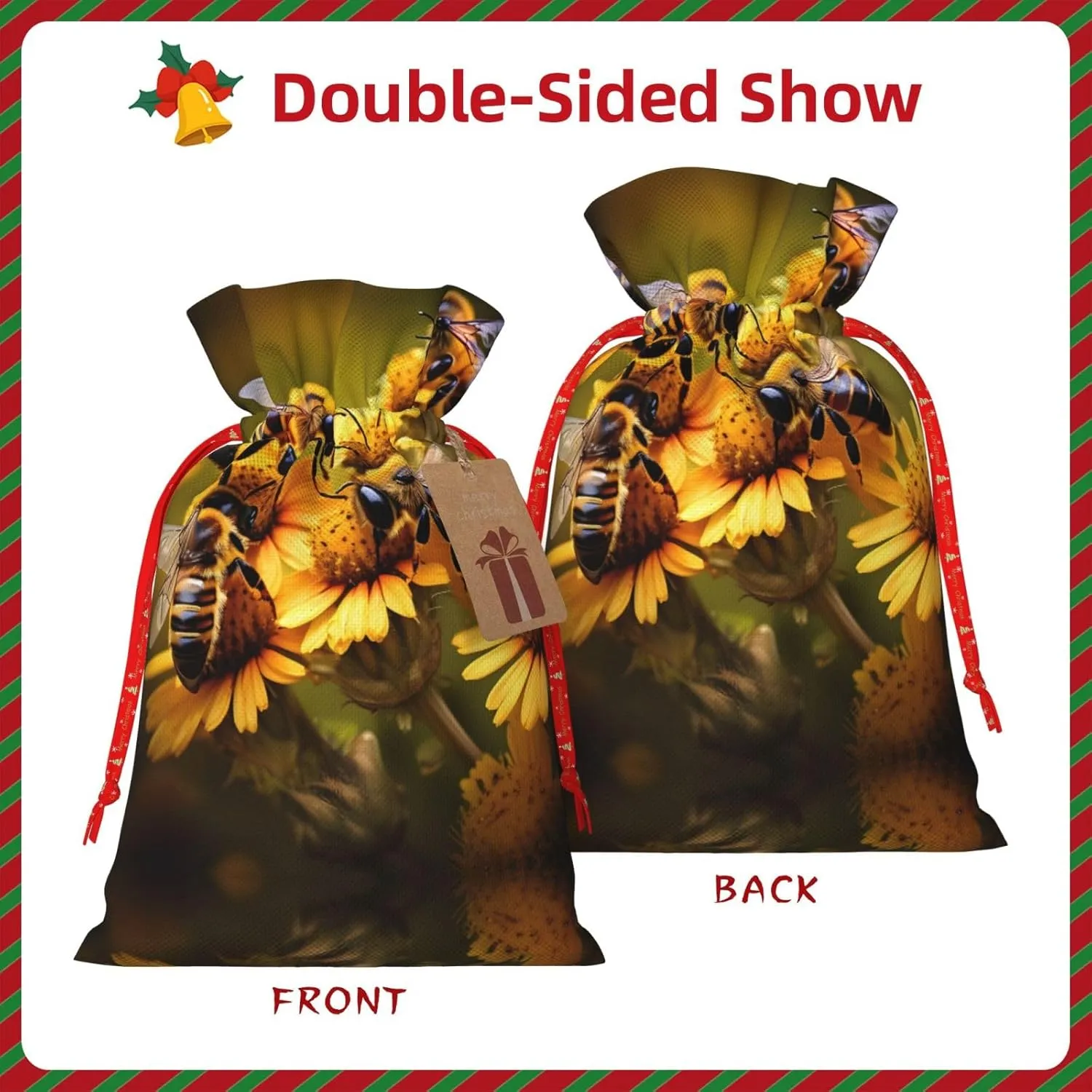 Vuoongt Rural Honey Bees Flowers Print Christmas Gift Bags Reusable Halloween Candy Bags With Tags Drawstring Closure