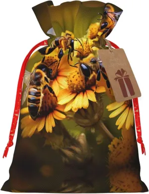 Vuoongt Rural Honey Bees Flowers Print Christmas Gift Bags Reusable Halloween Candy Bags With Tags Drawstring Closure