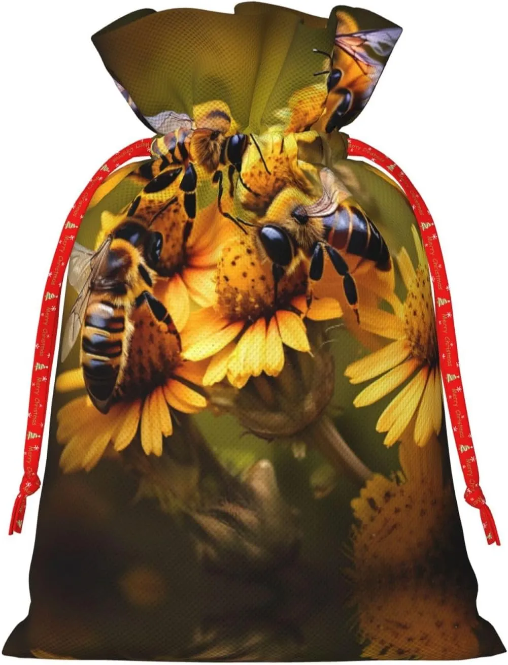 Vuoongt Rural Honey Bees Flowers Print Christmas Gift Bags Reusable Halloween Candy Bags With Tags Drawstring Closure