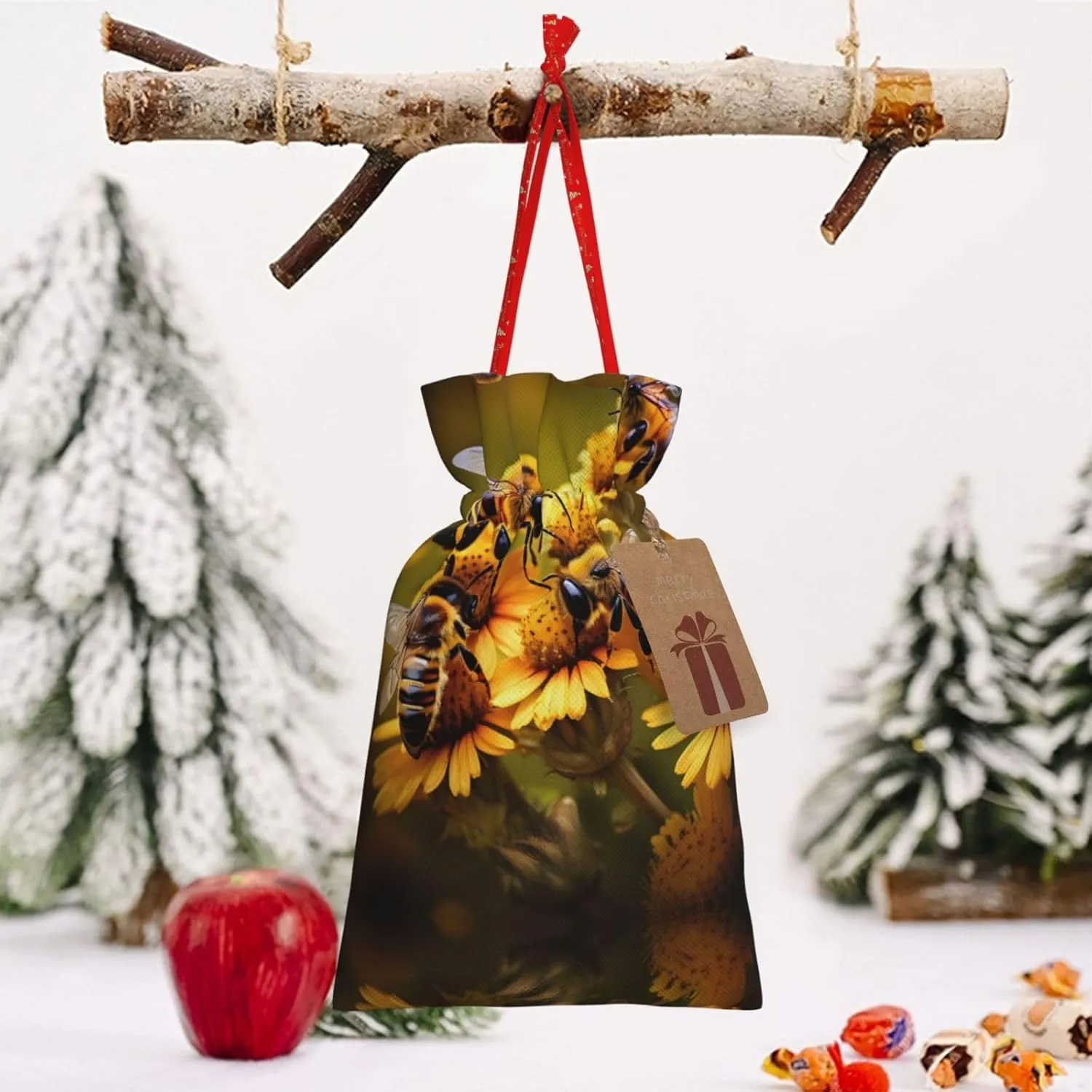 Vuoongt Rural Honey Bees Flowers Print Christmas Gift Bags Reusable Halloween Candy Bags With Tags Drawstring Closure