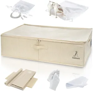 Wedding Dress Preservation Kit – Large Beige Storage Box with 15 Big Size Acid-Free Tissue Papers, Cotton Gloves, and two different size Drawstring Bags for Bridal Gown and Dress Protection