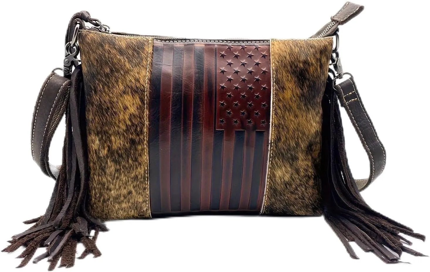 Western American Flag Embossed Women Shoulder Bags Vintage Horsehair Tassels Handbag Cowhide Leather Purse