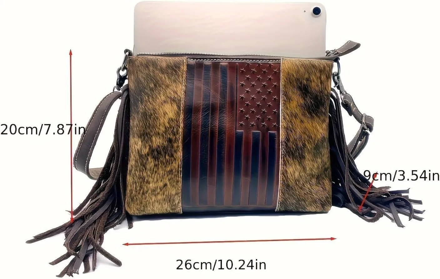 Western American Flag Embossed Women Shoulder Bags Vintage Horsehair Tassels Handbag Cowhide Leather Purse
