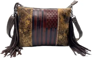 Western American Flag Embossed Women Shoulder Bags Vintage Horsehair Tassels Handbag Cowhide Leather Purse