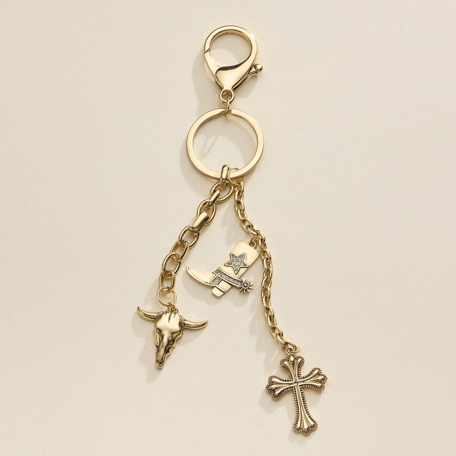 Western Charm Keychain with Cowboy Boot, Skull, and Cross Accents