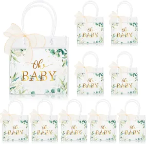 Whaline 12Pcs Clear PVC Gift Bags with Handles Baby Shower Greenery Eucalyptus Leaves Party Favor Bags with Handle Oh Baby Treat Tote Bags with Ribbon for Birthday Baby Shower, 7.9 x 3.9 x 7.9 Inch