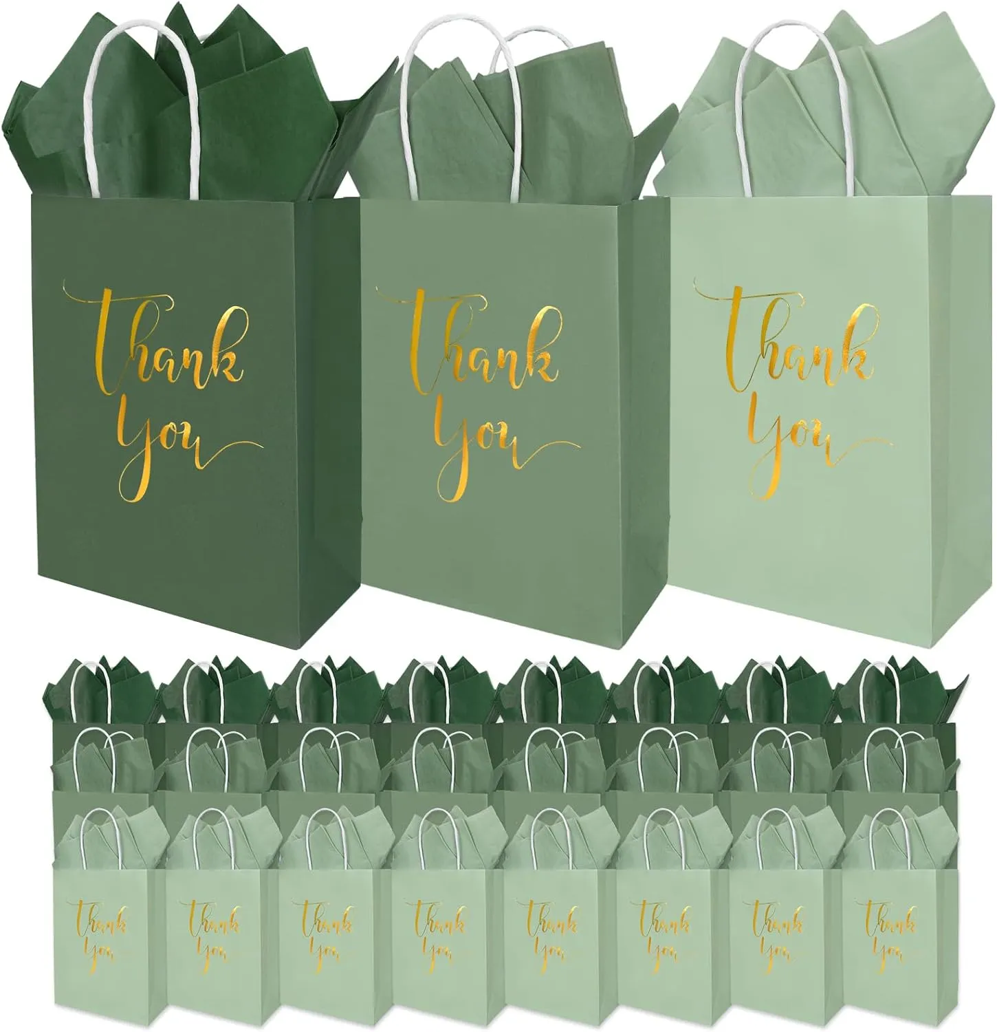 Whaline 30Pcs Sage Green Thank You Paper Gift Bags 3 Colors Mother's Day Gold Foil Thank You Party Favor Bags with Handle 40 Sheet Tissue Paper for Wedding Birthday One Lucky Duck Party Gift Wrapping