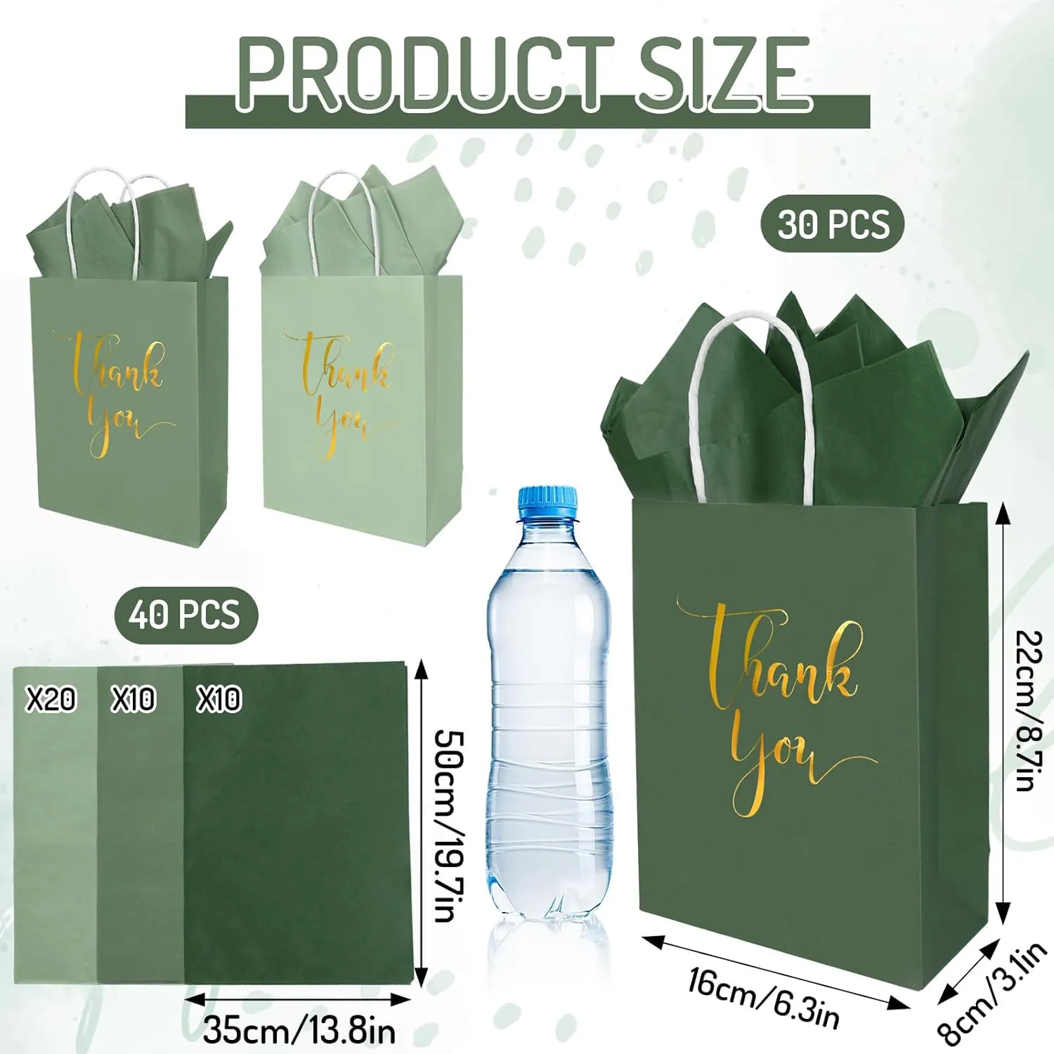 Whaline 30Pcs Sage Green Thank You Paper Gift Bags 3 Colors Mother's Day Gold Foil Thank You Party Favor Bags with Handle 40 Sheet Tissue Paper for Wedding Birthday One Lucky Duck Party Gift Wrapping