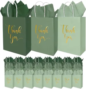 Whaline 30Pcs Sage Green Thank You Paper Gift Bags 3 Colors Mother's Day Gold Foil Thank You Party Favor Bags with Handle 40 Sheet Tissue Paper for Wedding Birthday One Lucky Duck Party Gift Wrapping