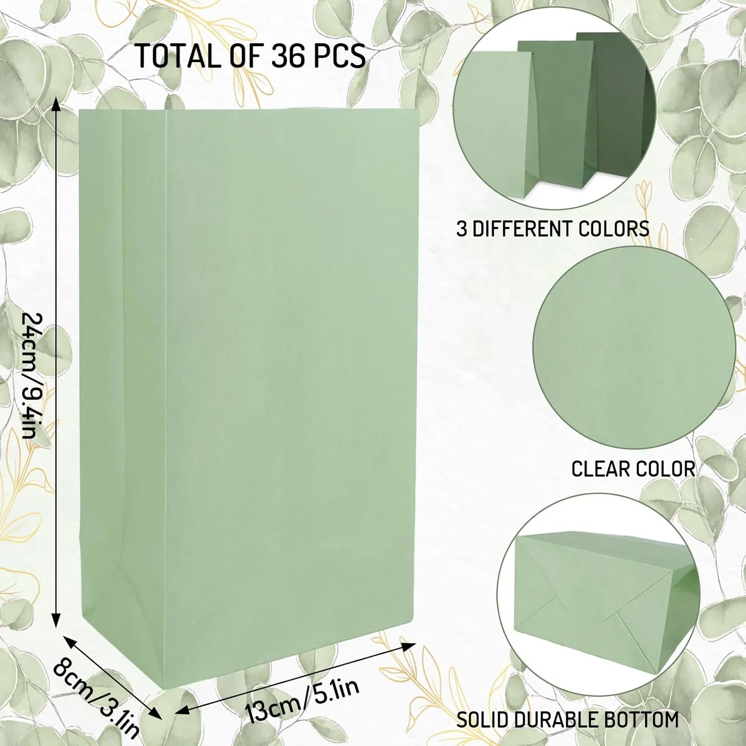 Whaline 36Pcs Sage Green Paper Gift Bags 3 Colors Gradient Green Party Favor Bags One Lucky Duck Goodie Treat Bag for Wedding Baby Shower Birthday Mallard Duck Party Supplies, 5.1 x 3.1 x 9.4 Inch