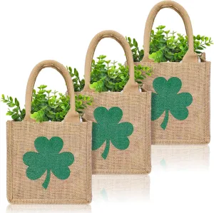Whaline St. Patrick's Day Burlap Gift Bags with Handle Glitter Green Shamrock Clover Tote Bag 7.9 x 7.9 Inch Reusable Grocery Shopping Bags for Irish Holiday Party Supplies, 3 Pcs