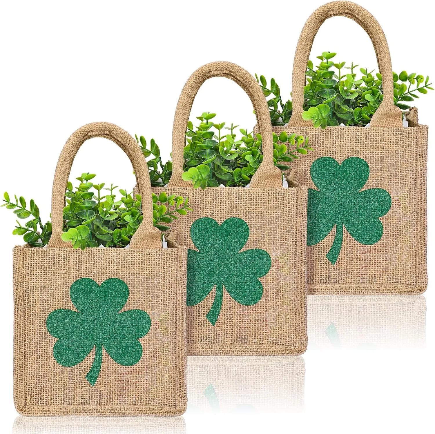 Whaline St. Patrick's Day Burlap Gift Bags with Handle Glitter Green Shamrock Clover Tote Bag 7.9 x 7.9 Inch Reusable Grocery Shopping Bags for Irish Holiday Party Supplies, 3 Pcs