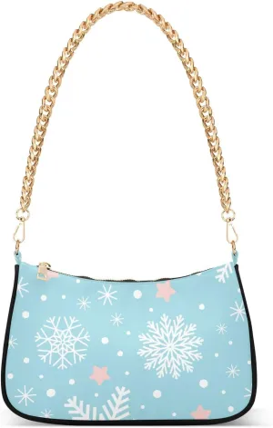 White Snowflake Blue Shoulder Bag for Women, Handbag with Chain Strap, Soft Purse Tote Bag for Ladies