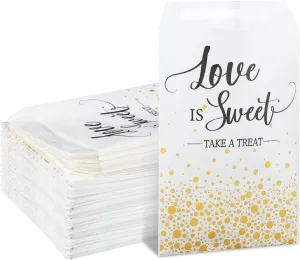 Woanger 300 Pcs Wedding Favor Candy Buffet Bags 5 x 7 Inch Self Adhesive Wedding Treat Bags Love Is Sweet Take a Treat Cookie Gold Dots Kraft Paper Wrap Gift for birthday Bridal baby Shower Party