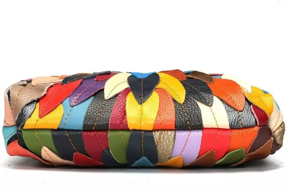 Women Colorful 3D Leaves Splicing Handbag Patent Leather Multicolor Shoulder Purse Snake Pattern Patchwork Crossbody Satchel