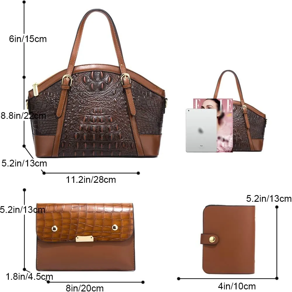 Women Handbags and Purses 3Pcs Set Embossed Crocodile Pattern Leather Tote Bags Wallet Handbag With Detachable Strap