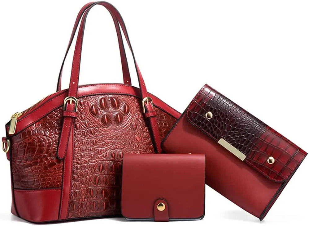 Women Handbags and Purses 3Pcs Set Embossed Crocodile Pattern Leather Tote Bags Wallet Handbag With Detachable Strap
