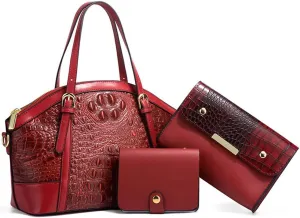 Women Handbags and Purses 3Pcs Set Embossed Crocodile Pattern Leather Tote Bags Wallet Handbag With Detachable Strap