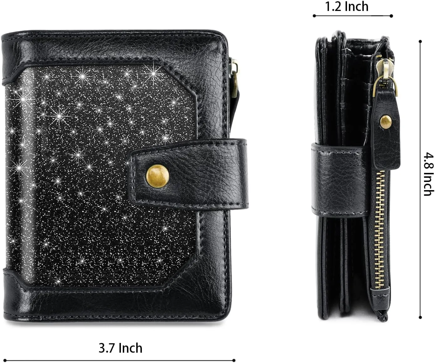 Women Leather Wallet RFID Blocking Small Bifold Zipper Pocket Wallet Card Case Purse with ID Window, Black Glitter