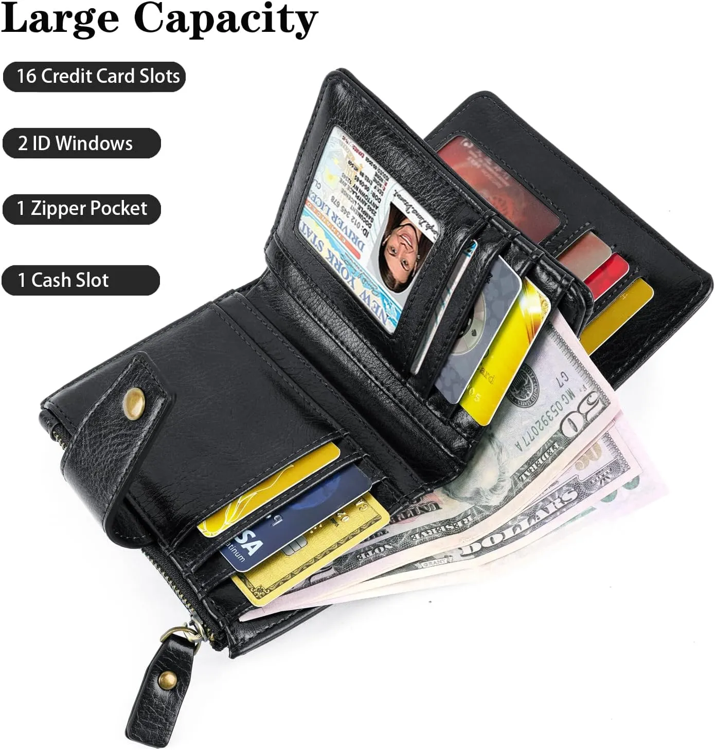 Women Leather Wallet RFID Blocking Small Bifold Zipper Pocket Wallet Card Case Purse with ID Window, Black Glitter