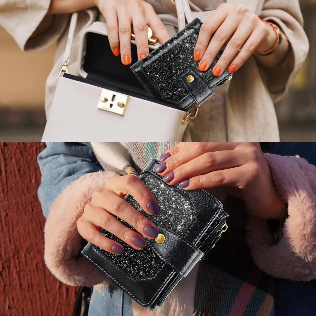 Women Leather Wallet RFID Blocking Small Bifold Zipper Pocket Wallet Card Case Purse with ID Window, Black Glitter