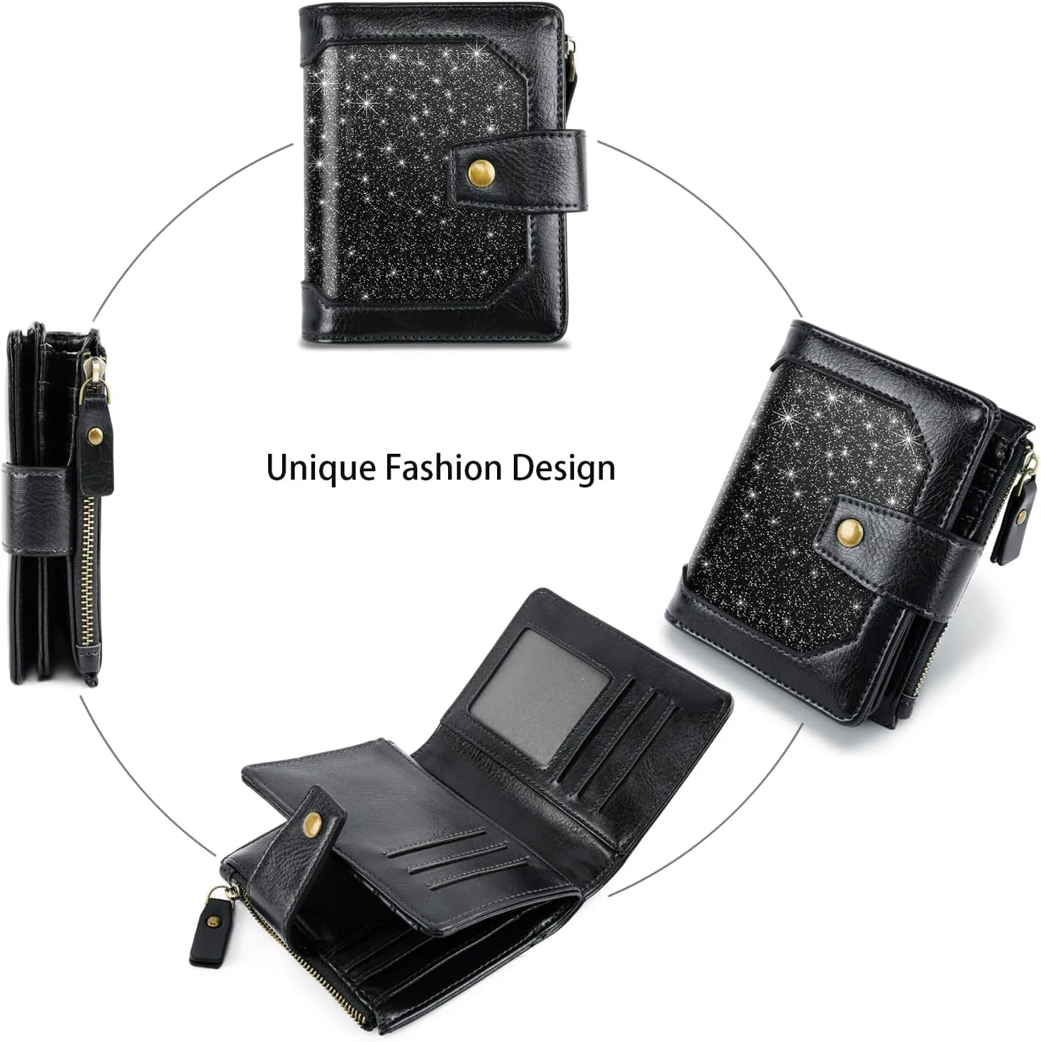 Women Leather Wallet RFID Blocking Small Bifold Zipper Pocket Wallet Card Case Purse with ID Window, Black Glitter