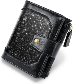 Women Leather Wallet RFID Blocking Small Bifold Zipper Pocket Wallet Card Case Purse with ID Window, Black Glitter