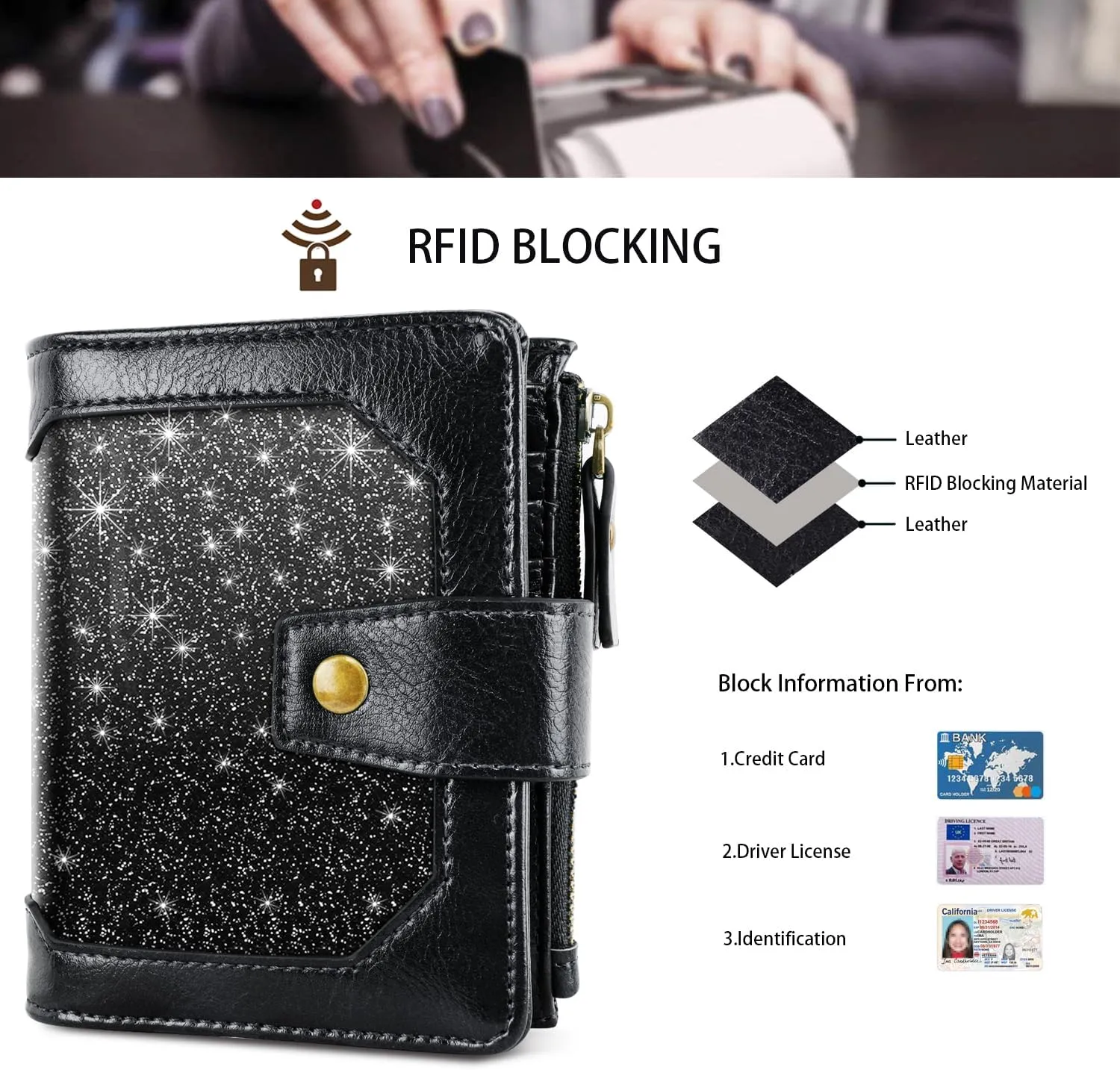 Women Leather Wallet RFID Blocking Small Bifold Zipper Pocket Wallet Card Case Purse with ID Window, Black Glitter