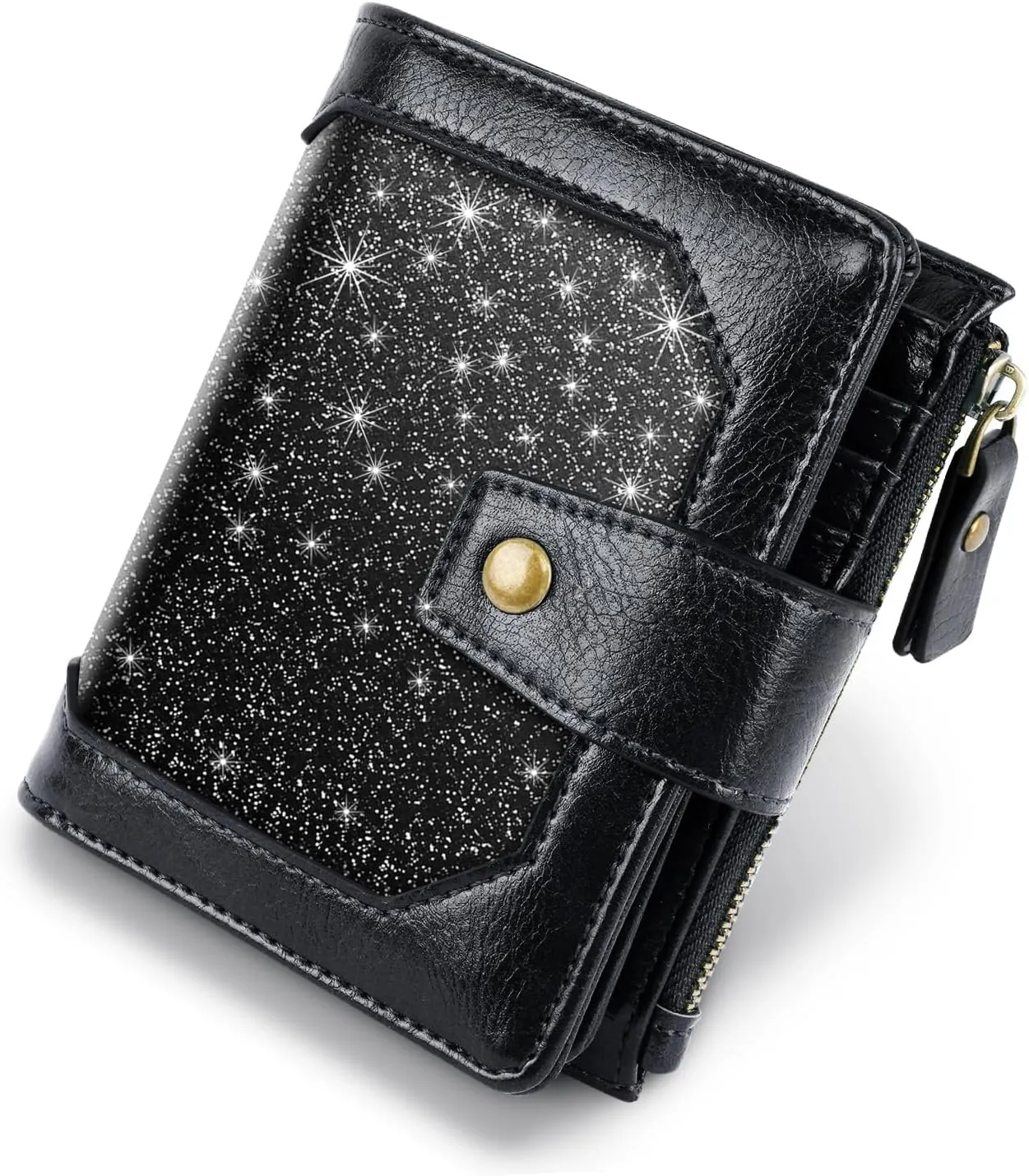 Women Leather Wallet RFID Blocking Small Bifold Zipper Pocket Wallet Card Case Purse with ID Window, Black Glitter