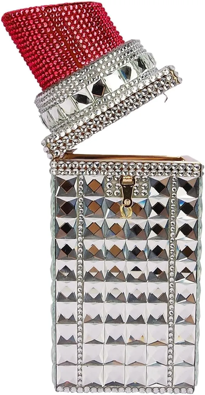 Women Lipstick Shape Inlaid Rhinestone Crystal Glitter Evening Bags Purses Clutch Sparkly Banquet Handbag