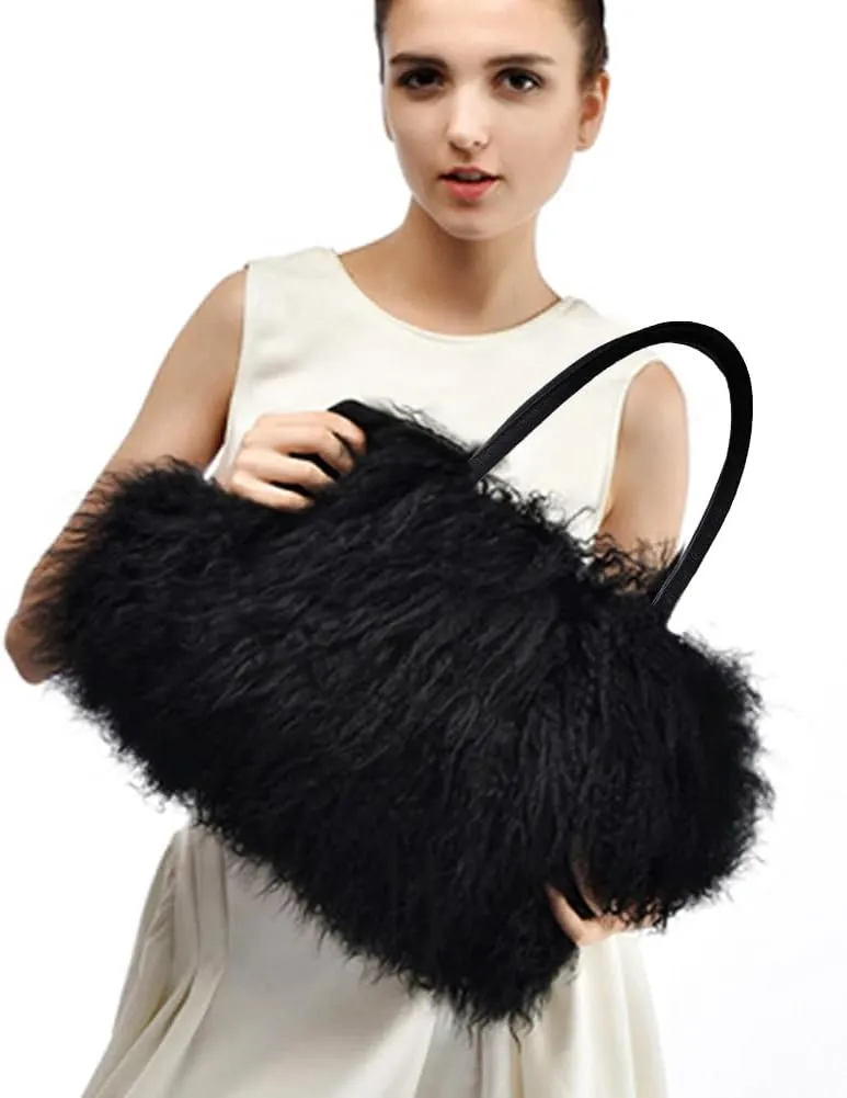Women Luxury Real Lamb Mongolian Flush Wool Fur With Genuine Leather Handles Handbag
