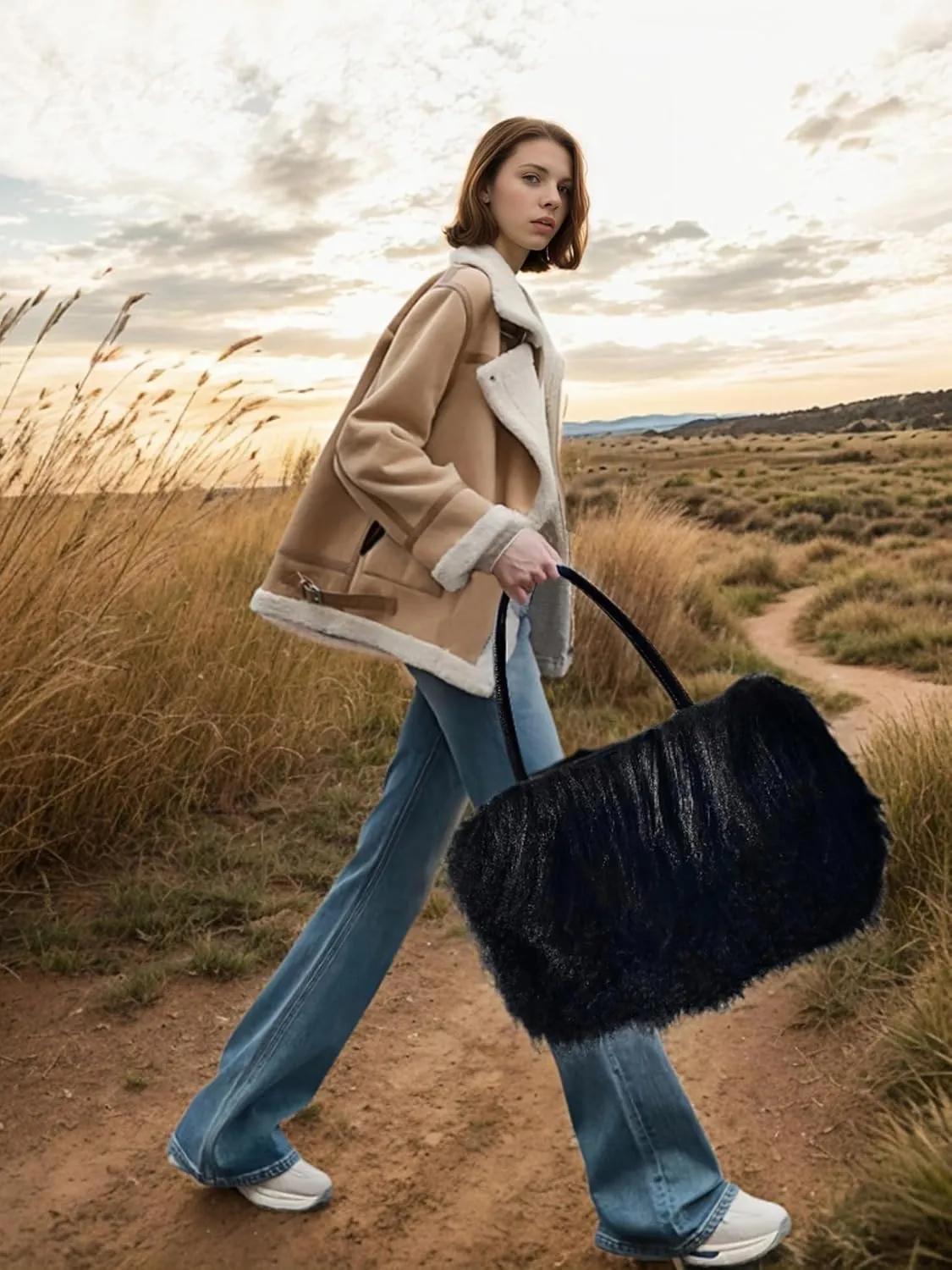 Women Luxury Real Lamb Mongolian Flush Wool Fur With Genuine Leather Handles Handbag