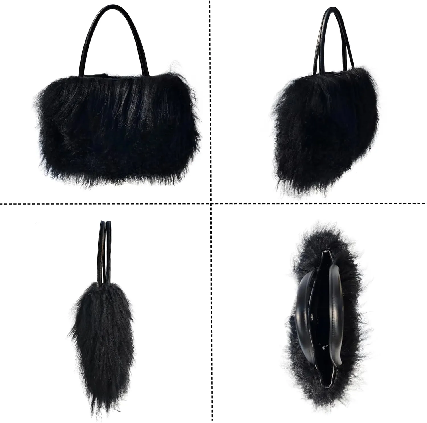 Women Luxury Real Lamb Mongolian Flush Wool Fur With Genuine Leather Handles Handbag