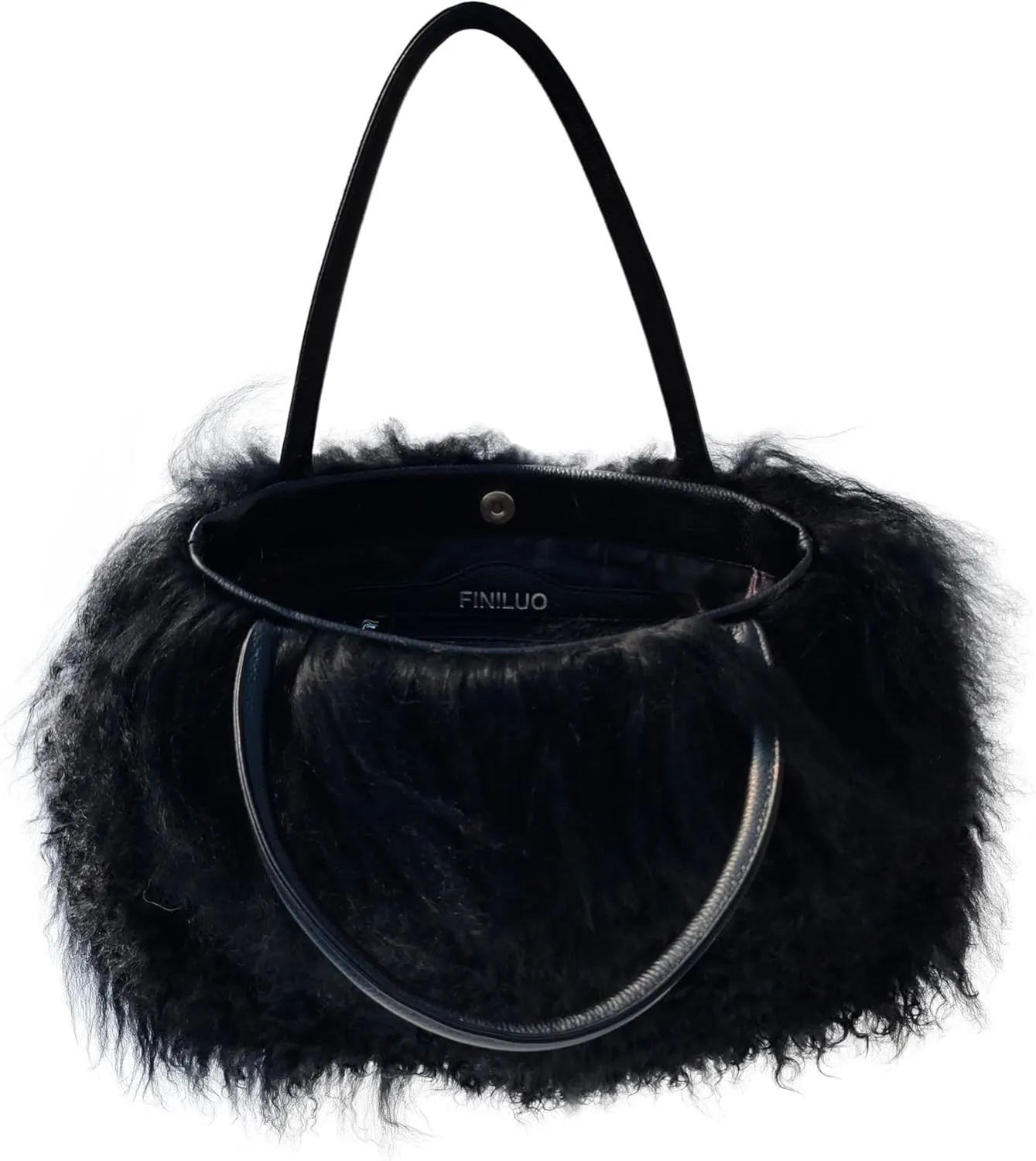 Women Luxury Real Lamb Mongolian Flush Wool Fur With Genuine Leather Handles Handbag