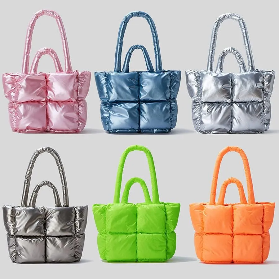 Women Padded Shoulder Bag Luxury Check Tote Bag Soft Pillow Handbag Quilted Puffy High Capacity Underarm