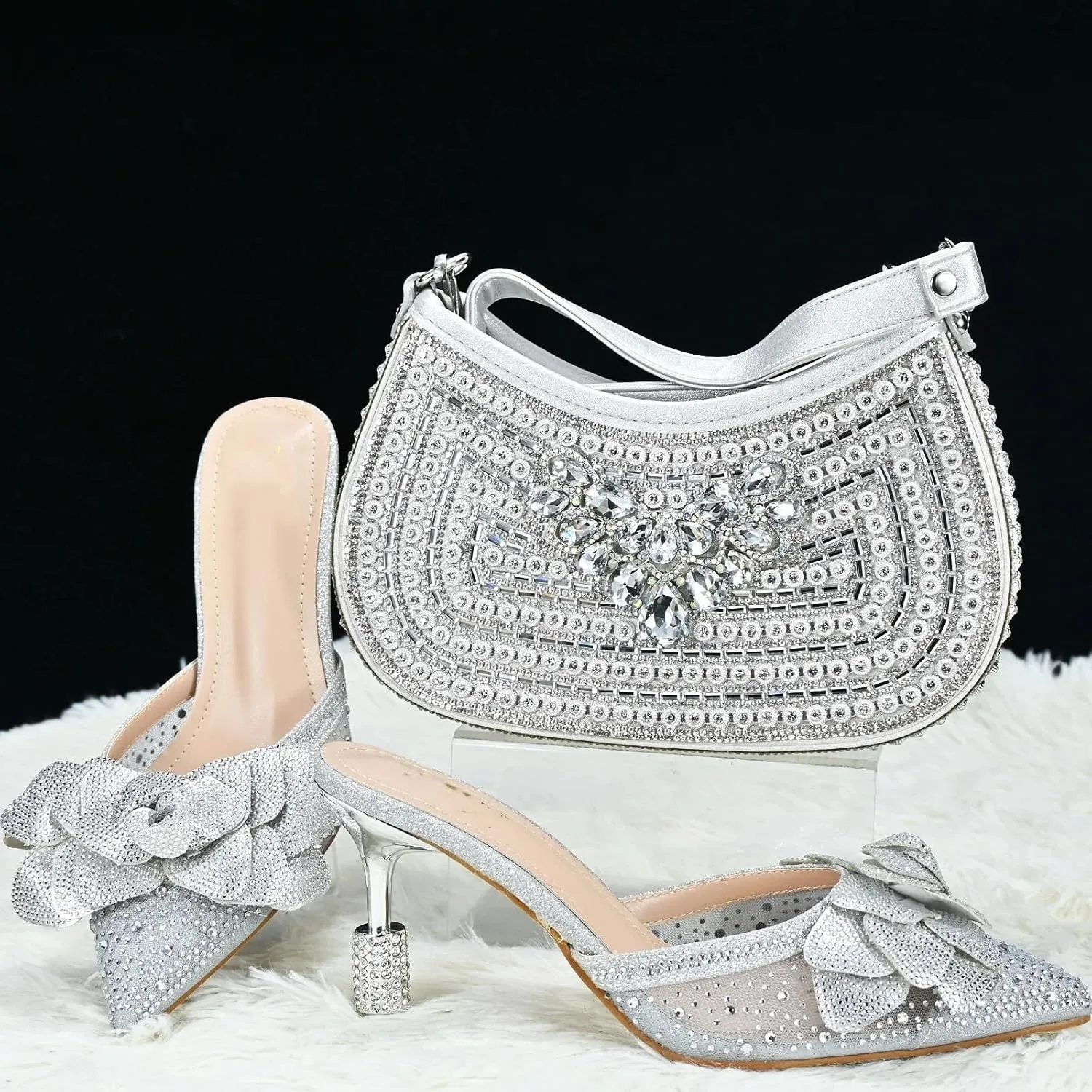 Womens African Themed Sparkly Evening Shoes and Clutch Combo Crystal Accented High Heels for Special