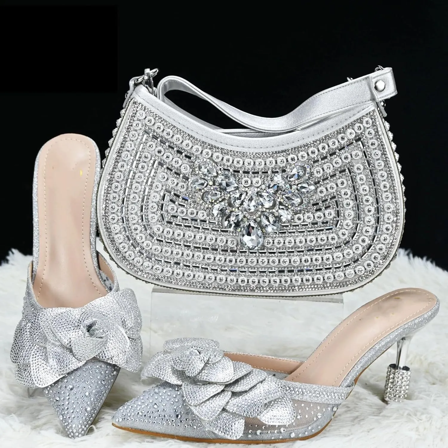 Womens African Themed Sparkly Evening Shoes and Clutch Combo Crystal Accented High Heels for Special