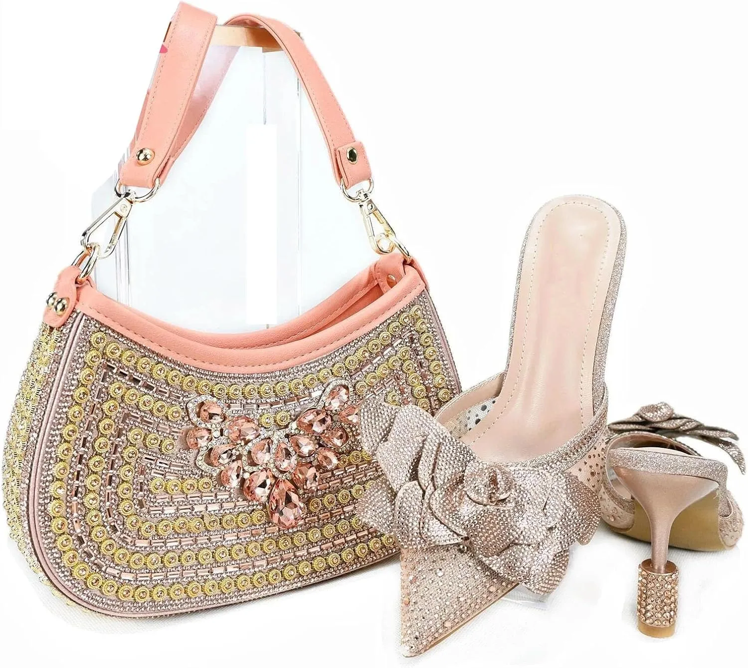 Womens African Themed Sparkly Evening Shoes and Clutch Combo Crystal Accented High Heels for Special