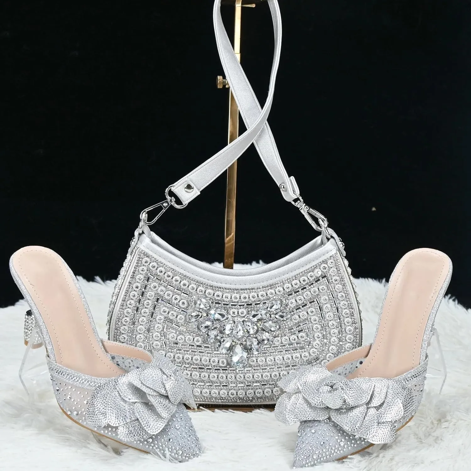 Womens African Themed Sparkly Evening Shoes and Clutch Combo Crystal Accented High Heels for Special