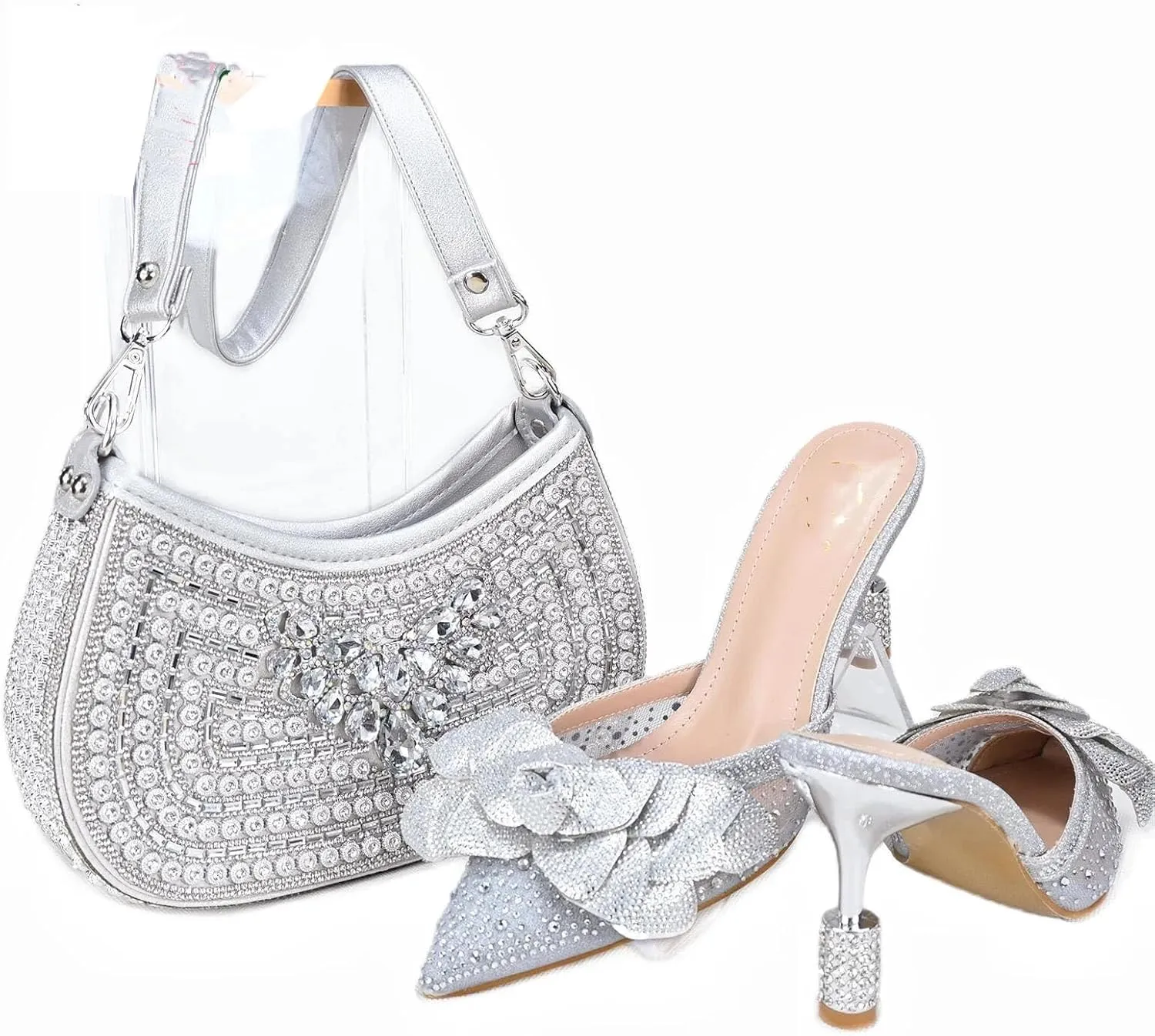 Womens African Themed Sparkly Evening Shoes and Clutch Combo Crystal Accented High Heels for Special