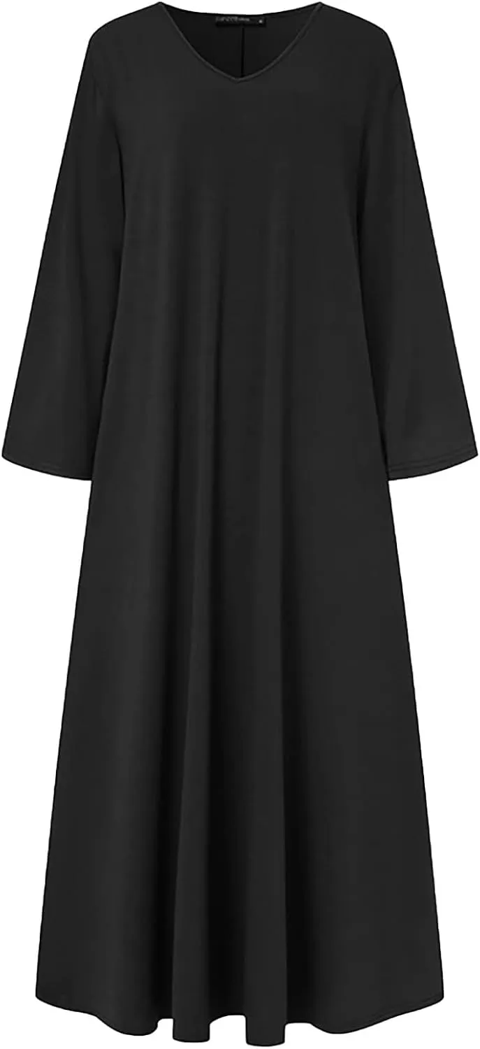 Womens Dresses Fall Casual Long Sleeve Solid V Neck Ruffle Flowy Maxi Dress Vintage Daily Vacation Dress 2024 Clothes