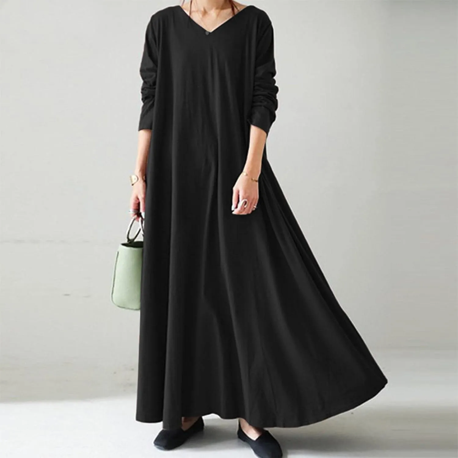 Womens Dresses Fall Casual Long Sleeve Solid V Neck Ruffle Flowy Maxi Dress Vintage Daily Vacation Dress 2024 Clothes