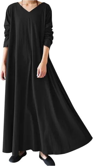 Womens Dresses Fall Casual Long Sleeve Solid V Neck Ruffle Flowy Maxi Dress Vintage Daily Vacation Dress 2024 Clothes